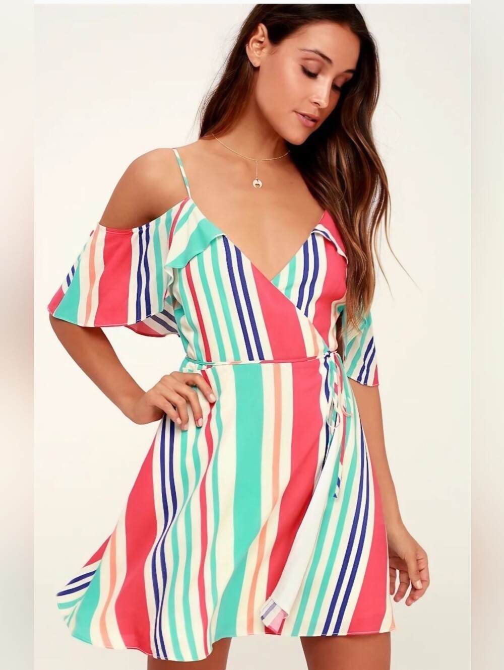 Lulu's Striped Wrap Midi Dress in Red, Teal, Navy & Cream
